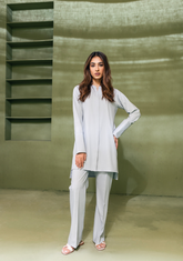 Ice blue shirt with double placket and boot leg pants